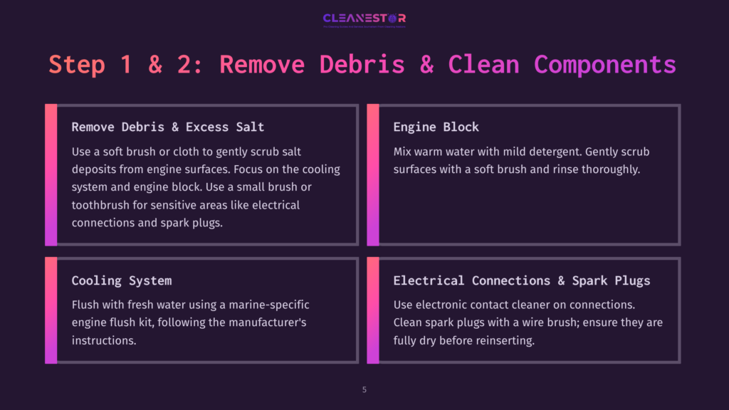 Infographic Titled &Quot;Step 1 &Amp; 2: Remove Debris &Amp; Clean Components&Quot; With Four Sections: &Quot;Remove Debris &Amp; Excess Salt,&Quot; &Quot;Engine Block,&Quot; &Quot;Cooling System,&Quot; And &Quot;Electrical Connections &Amp; Spark Plugs.