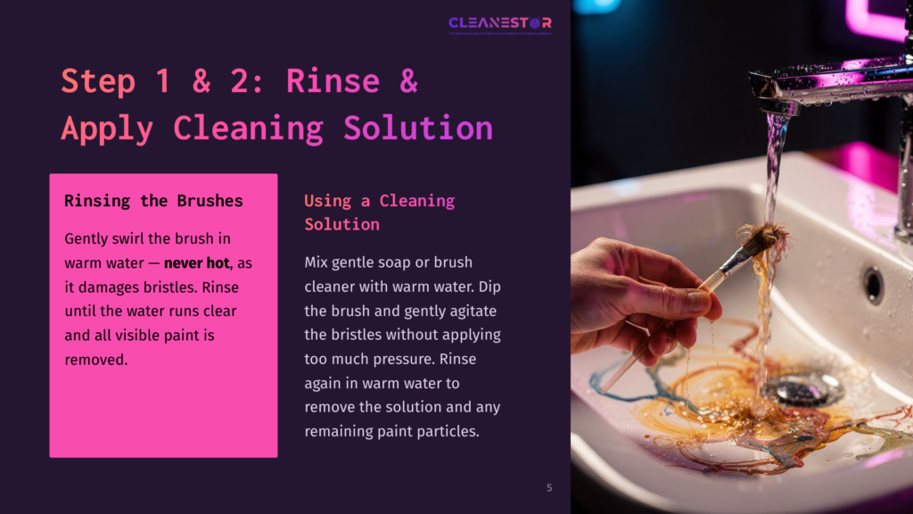 A Hand Rinses A Miniature Paintbrush Under Warm Water, With A Sink Visible And Soap Bubbles Surrounding The Brush'S Bristles.