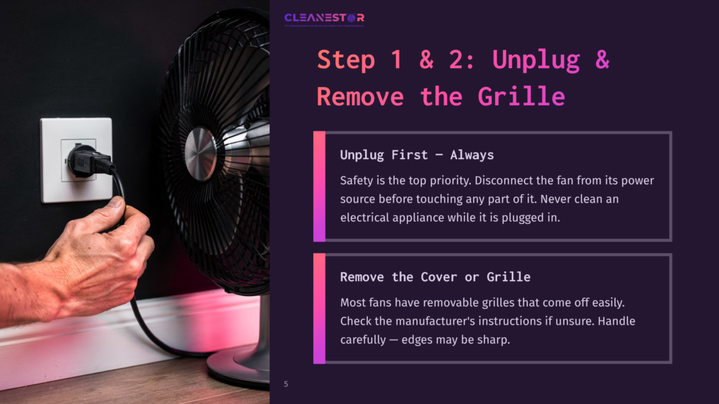 A Close-Up Of A Hand Unplugging A Fan, With A Black Fan And Outlet In The Background. Text Highlights Safety And Cleaning Steps.