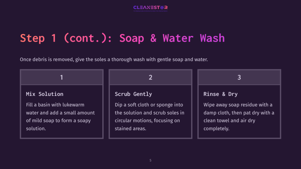 5 Step 1 Cont Soap And Water Wash Step 1 (Cont.): Soap &Amp; Water Wash - Mix Solution, Scrub Gently, Rinse &Amp; Dry. Instructions For Cleaning Shoe Soles With Mild Soap And Water.
