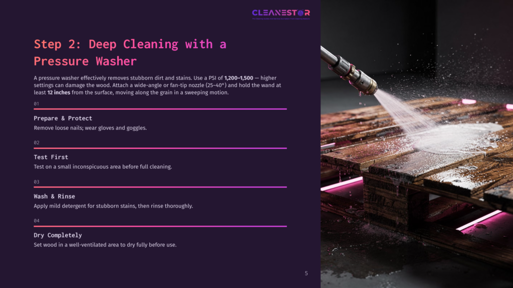 A Pressure Washer Sprays Water On Wooden Pallets, With Cleaning Steps Listed Beside It In Bold Text On A Dark Background.