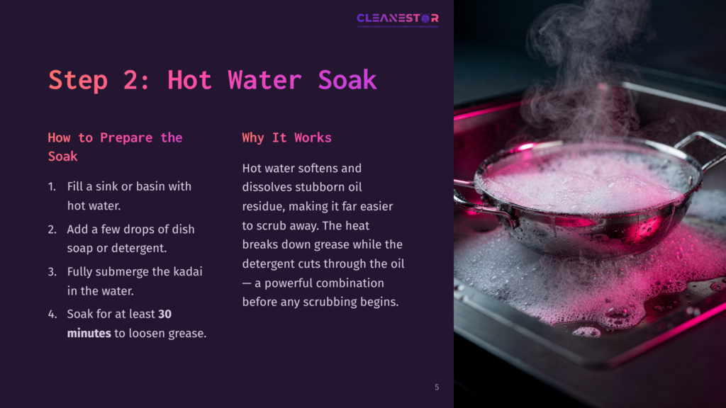 A Stainless Steel Kadai Submerged In Soapy Water, With Steam Rising, Alongside Steps For Cleaning And A Purple Background.