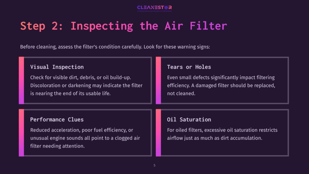Four Sections Highlight Steps For Inspecting An Air Filter, Featuring Purple Backgrounds, White Text, And Icons Related To Maintenance.