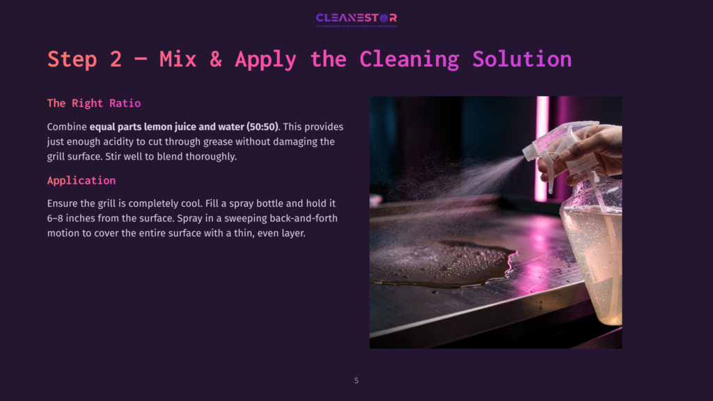 A Hand Sprays A Mixture Of Lemon Juice And Water Onto A Flat-Top Grill Surface, With A Translucent Spray Bottle And A Mixing Container Visible.