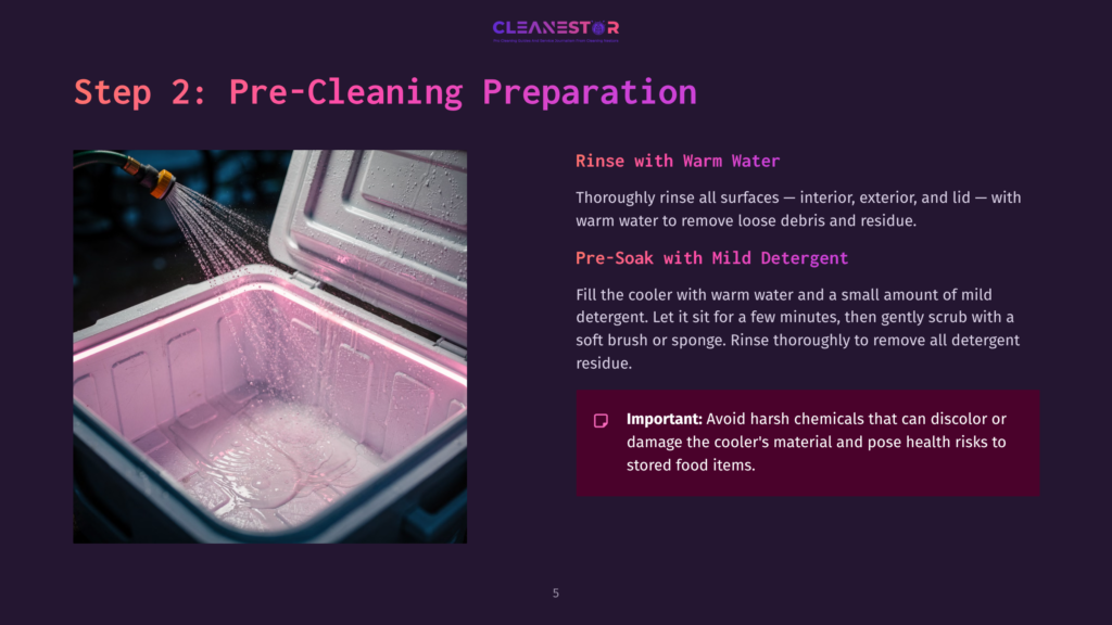 A Partially Open Cooler Filled With Warm Water And Bubbles, With A Sponge Beside It. The Interior Is Pink, And Text Provides Cleaning Instructions.