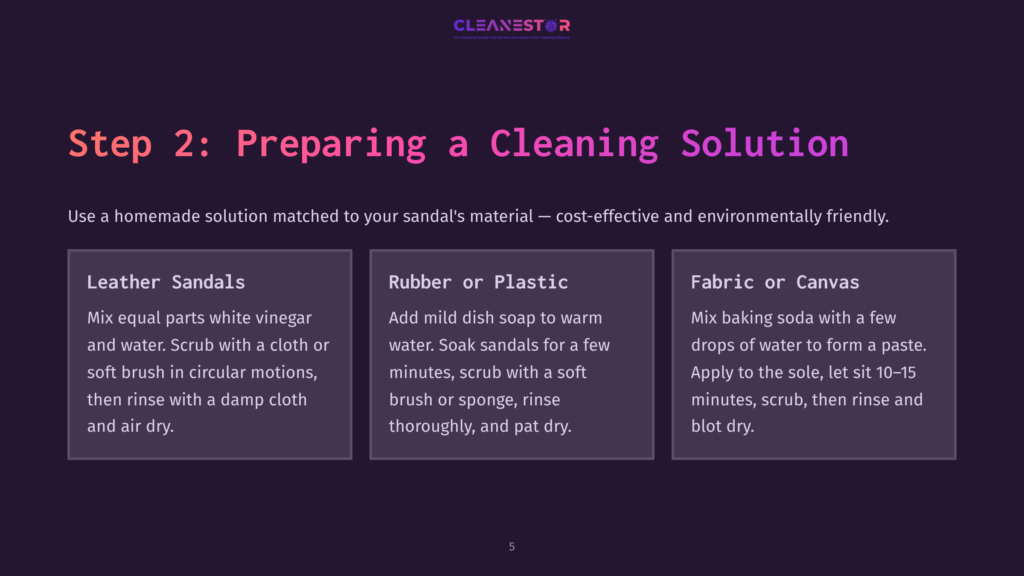 5 Step 2 Preparing A Cleaning Solution Step 2: Preparing A Cleaning Solution For Sandals. Three Columns Detail Cleaning Methods For Leather, Rubber/Plastic, And Fabric/Canvas Sandals, Using Homemade Solutions Like Vinegar, Dish Soap, And Baking Soda.