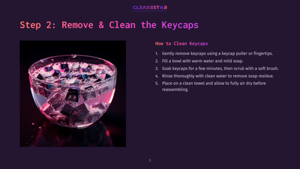 Step 2: Remove &Amp; Clean The Keycaps. A Glass Bowl Filled With Water And Soap Contains Many Colorful Keyboard Keycaps, Soaking For Cleaning.
