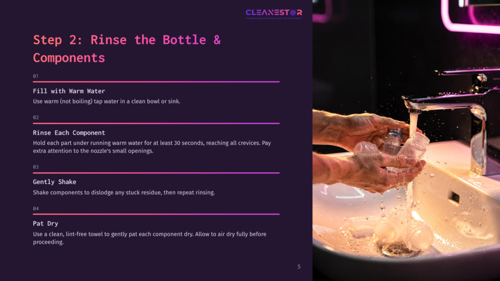 Hands Rinse Small Plastic Components Under A Running Faucet In A Brightly Lit Bathroom Sink, With Water Splashing And Reflecting The Neon Pink Lights Above.