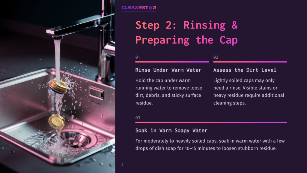 A Gold Gatorade Cap Submerged In Warm Water With Soap Bubbles, Next To Instructions For Rinsing And Cleaning On A Dark Background.