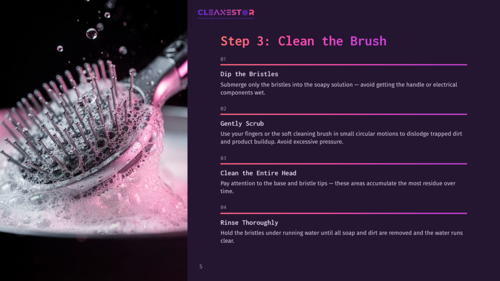 A Pink Hair Straightener Brush Partially Submerged In Soapy Water, Surrounded By Bubbles, Illustrating Cleaning Steps With Numbered Instructions.