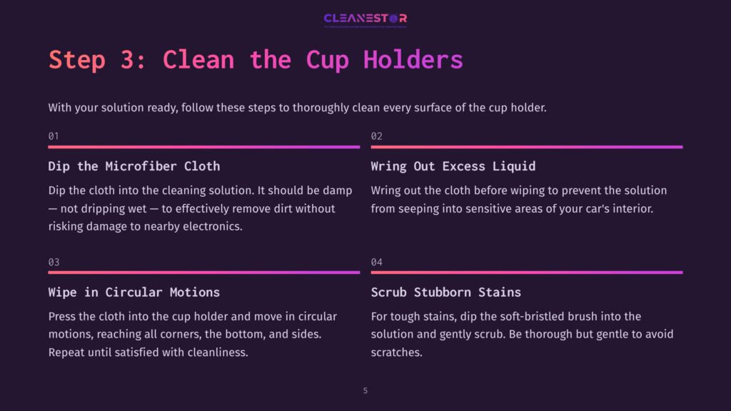Instructions For Cleaning Cup Holders, Featuring Numbered Steps With A Dark Background, Purple Text, And Icons Illustrating The Process.