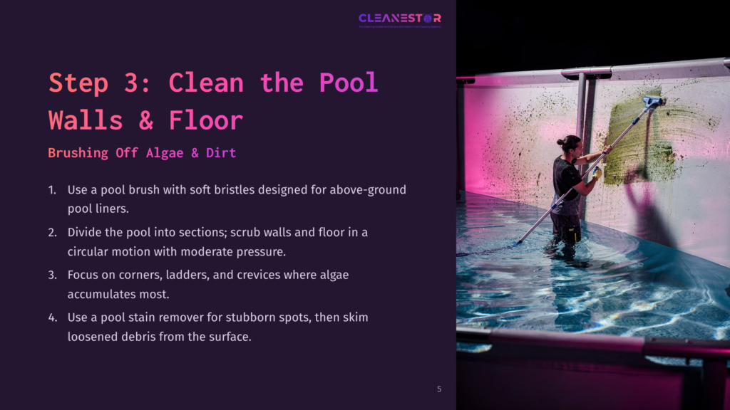 A Person Cleaning The Walls And Floor Of An Above-Ground Pool With A Brush, Surrounded By Water And Pink Lighting.