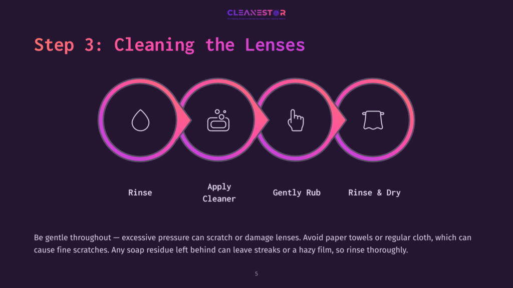Step 3: Cleaning The Lenses. Icons Illustrate Rinsing, Applying Cleaner, Gently Rubbing, And Rinsing And Drying Lenses, With Text Explaining The Process And Cautioning Against Excessive Pressure And Residue.