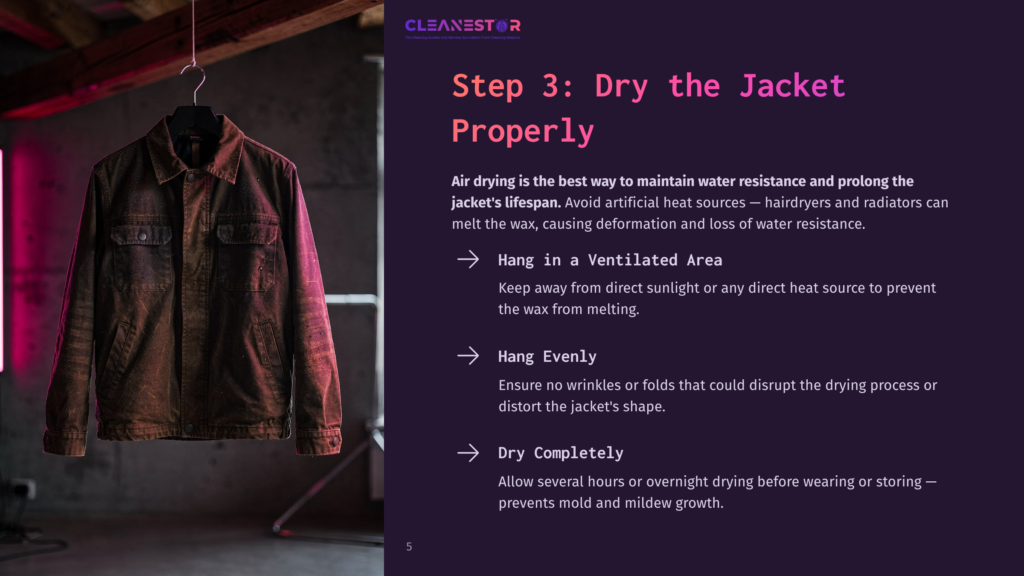 Brown Waxed Canvas Jacket Hanging On A Hook In A Dimly Lit Room, With Text Overlay Detailing Steps For Drying A Jacket.