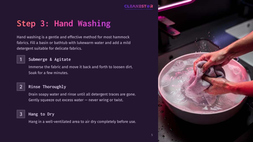Step 3: Hand Washing A Hammock Fabric In A White Sink Filled With Soapy Water. Hands Gently Squeeze And Rinse The Fabric, Demonstrating A Delicate Cleaning Method.