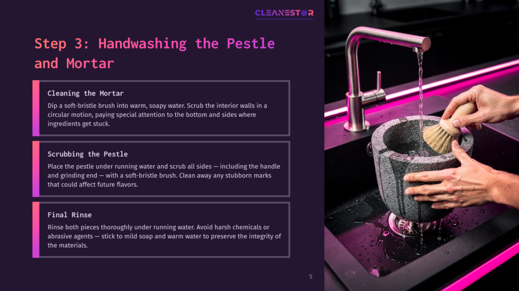A Pestle And Mortar Being Washed In A Modern Sink, With Soapy Water And A Brush, Against A Dark Background With Bright Pink Accents.