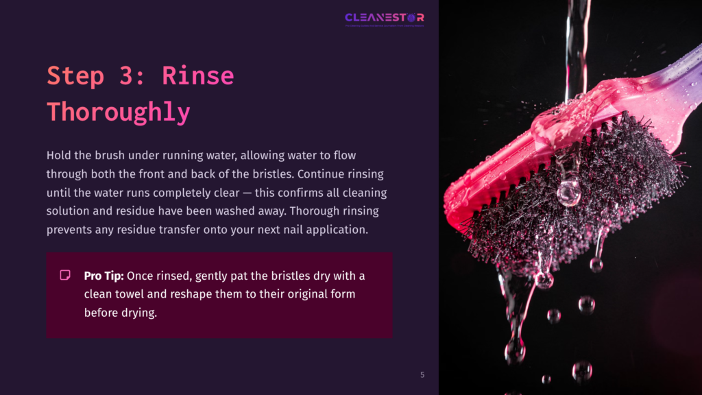 A Pink Polygel Brush Rinsing Under Running Water, With Water Droplets Splashing Against A Dark Purple Background.
