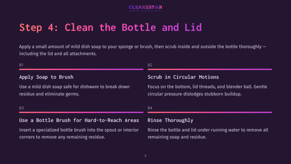 Step 4 Instructions For Cleaning A Blender Bottle, Featuring Bullet Points, Bold Headings, And A Dark Background With White And Purple Text.