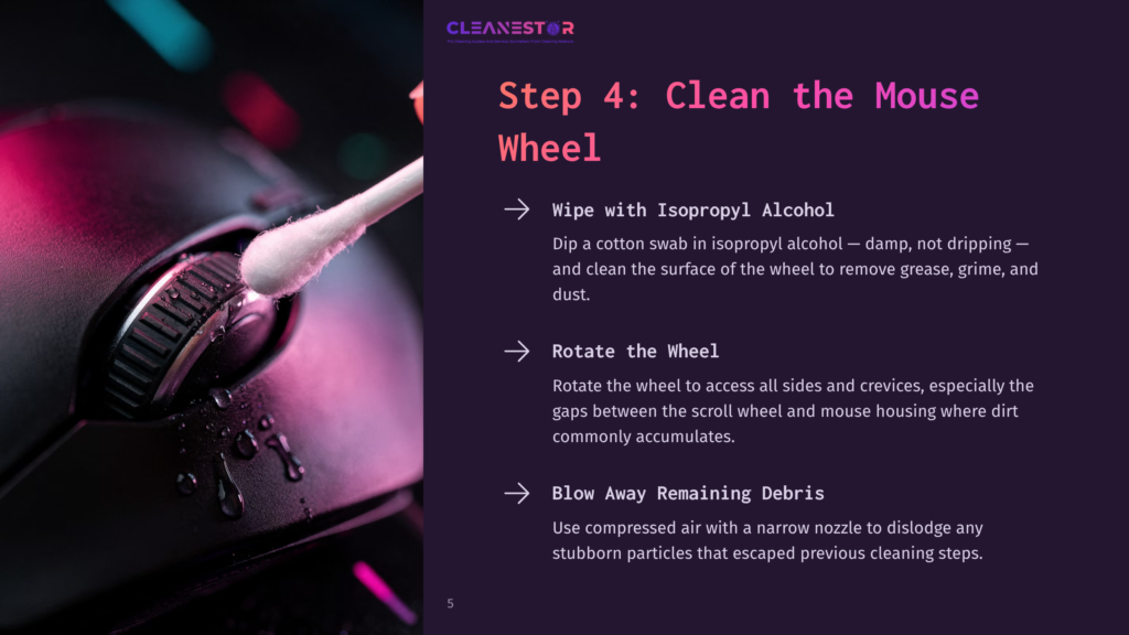 5 Step 4 Clean The Mouse Wheel A Close-Up Of A Logitech G502 Mouse With A Cotton Swab And Isopropyl Alcohol, Highlighting Cleanup Steps With Purple And Pink Accents.