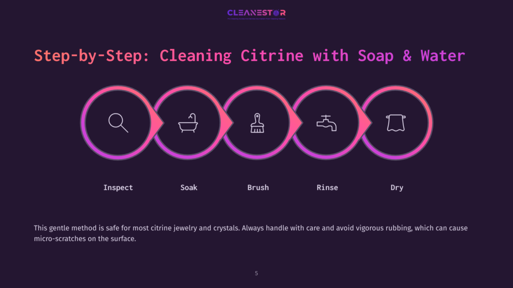 Step-By-Step Guide To Cleaning Citrine With Soap And Water, Illustrated With Icons For Inspect, Soak, Brush, Rinse, And Dry.