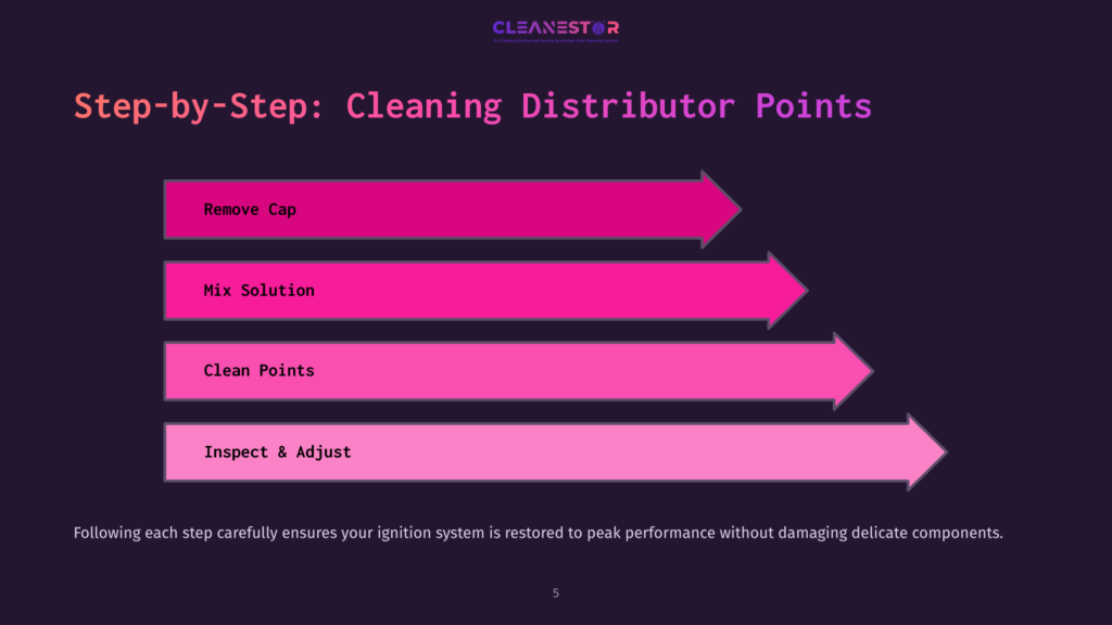 Four Pink Arrows On A Dark Background, Each Labeled With A Step: &Quot;Remove Cap,&Quot; &Quot;Mix Solution,&Quot; &Quot;Clean Points,&Quot; And &Quot;Inspect &Amp; Adjust.&Quot;
