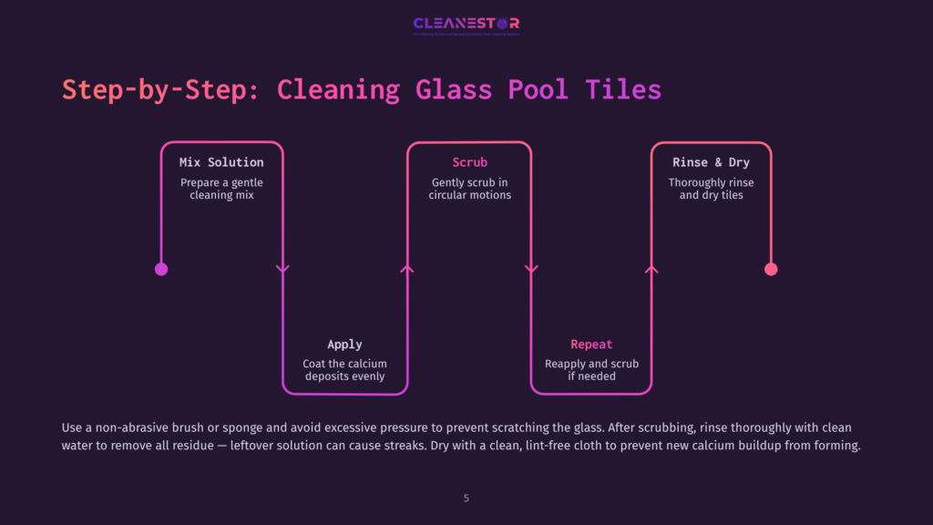 Flowchart Illustrating Steps To Clean Glass Pool Tiles: Mix Solution, Apply, Scrub In Circles, Rinse, And Dry; Uses Pink And Purple Colors.