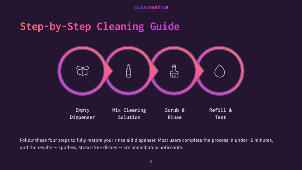 Four Circular Steps In A Pink And Purple Layout: 1. Empty Dispenser, 2. Mix Cleaning Solution, 3. Scrub &Amp; Rinse, 4. Refill &Amp; Test.