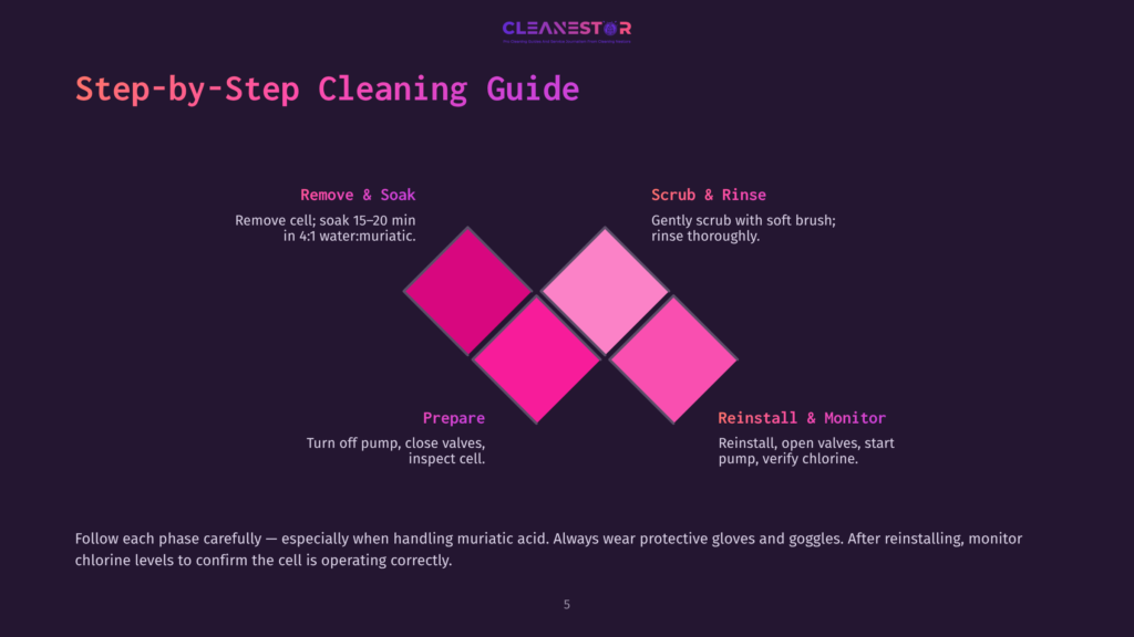 Visual Guide With Pink Diamond Shapes Outlining Steps: Remove &Amp; Soak, Prepare, Scrub &Amp; Rinse, Reinstall &Amp; Monitor, With Safety Notes.