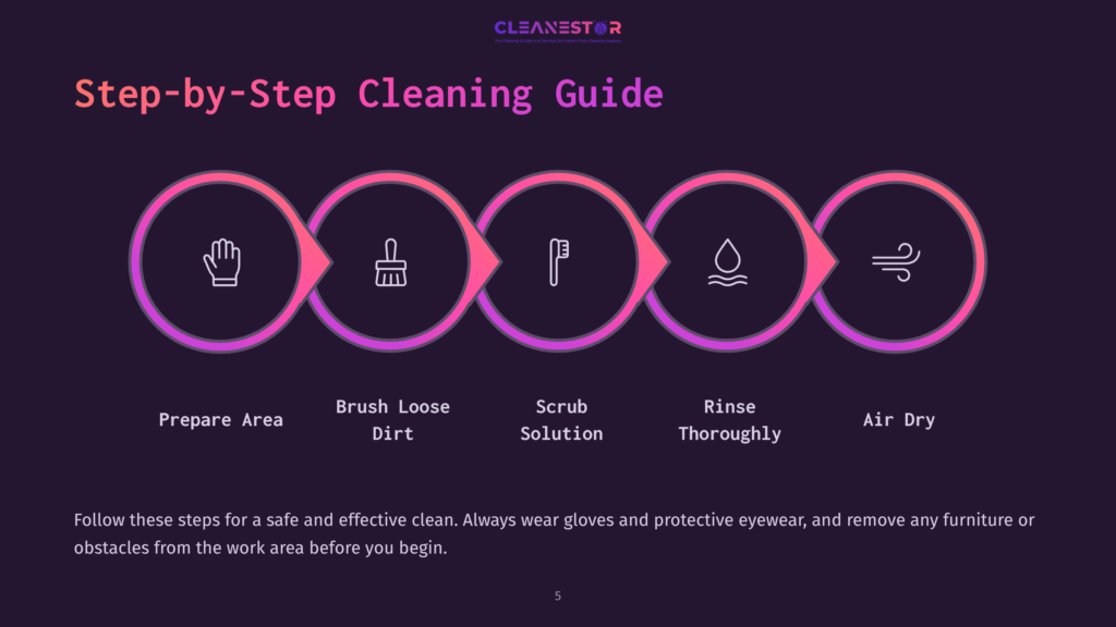 5 Step By Step Cleaning Guide 15 Step-By-Step Cleaning Guide Infographic With Icons For Preparing, Brushing, Scrubbing, Rinsing, And Air Drying. Text Reads &Quot;Cleanestor&Quot; And &Quot;Step-By-Step Cleaning Guide&Quot;.