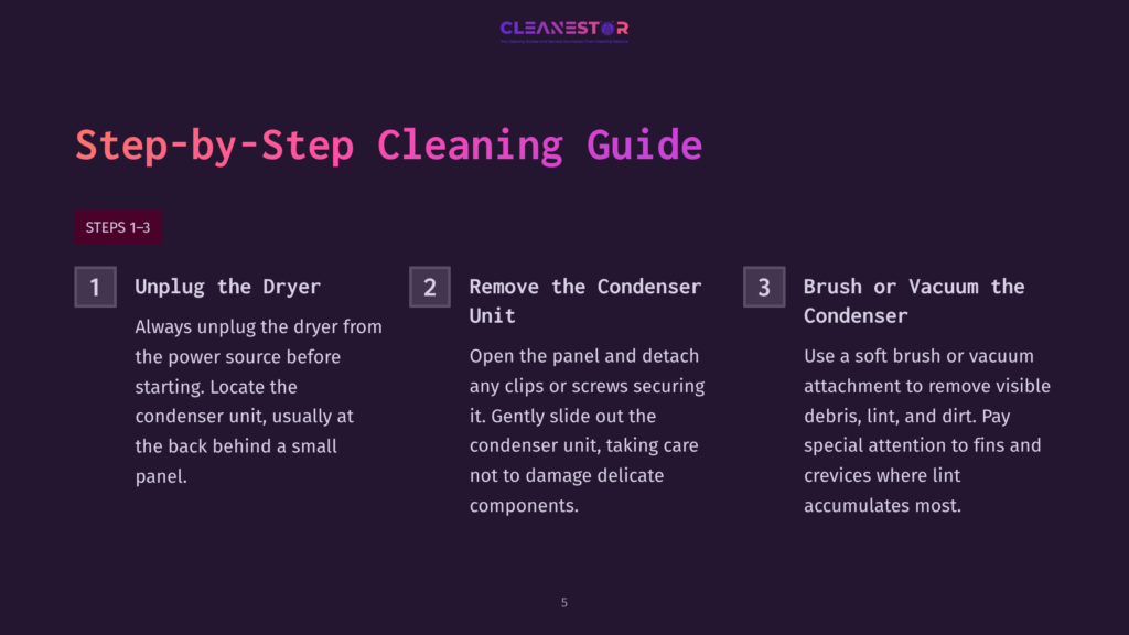 5 Step By Step Cleaning Guide 19 Step-By-Step Guide On How To Clean A Dryer Condenser Unit: 1. Unplug The Dryer. 2. Remove The Condenser Unit. 3. Brush Or Vacuum The Condenser.
