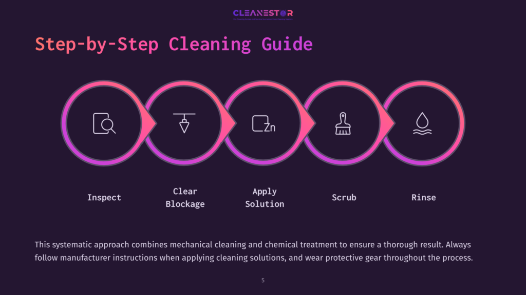 A Step-By-Step Cleaning Guide Graphic With Five Circular Icons In A Row: Inspect, Clear Blockage, Apply Solution, Scrub, And Rinse. The Icons Are Outlined In Gradient Pink And Purple, Set Against A Dark Purple Background With The Title &Quot;Step-By-Step Cleaning Guide&Quot; At The Top.