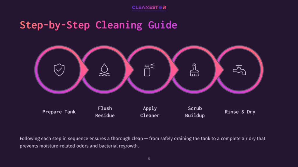 Visual Guide With Five Circular Icons Depicting Steps: Prepare Tank, Flush Residue, Apply Cleaner, Scrub Buildup, Rinse &Amp; Dry.
