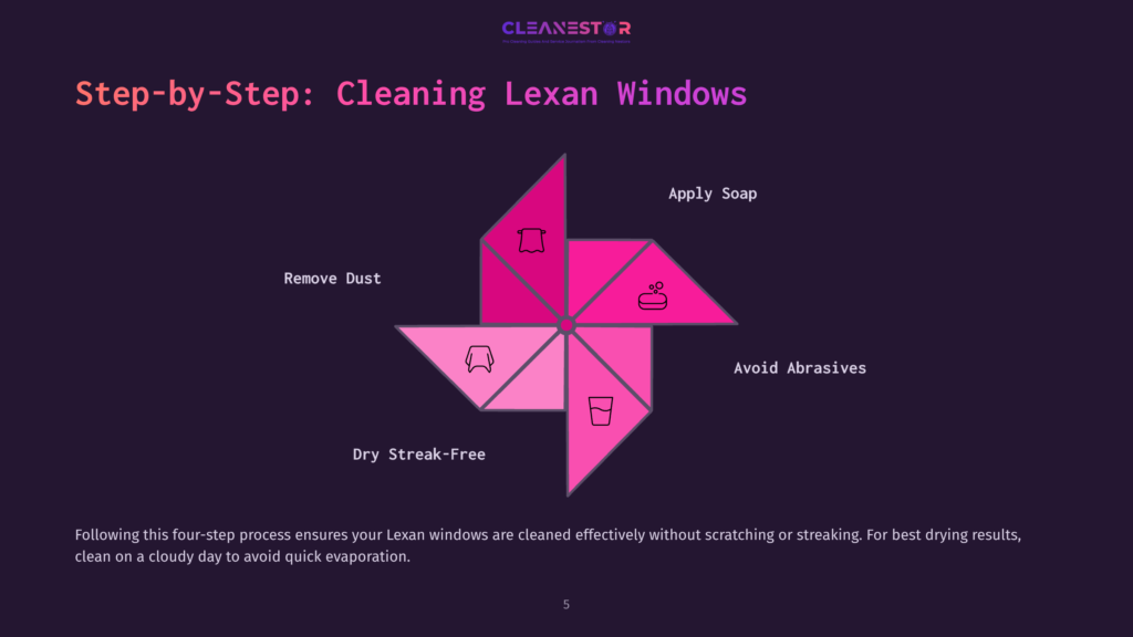 Colorful Infographic Divided Into Sections Showing Steps For Cleaning Lexan Windows: Remove Dust, Apply Soap, And Avoid Abrasives.