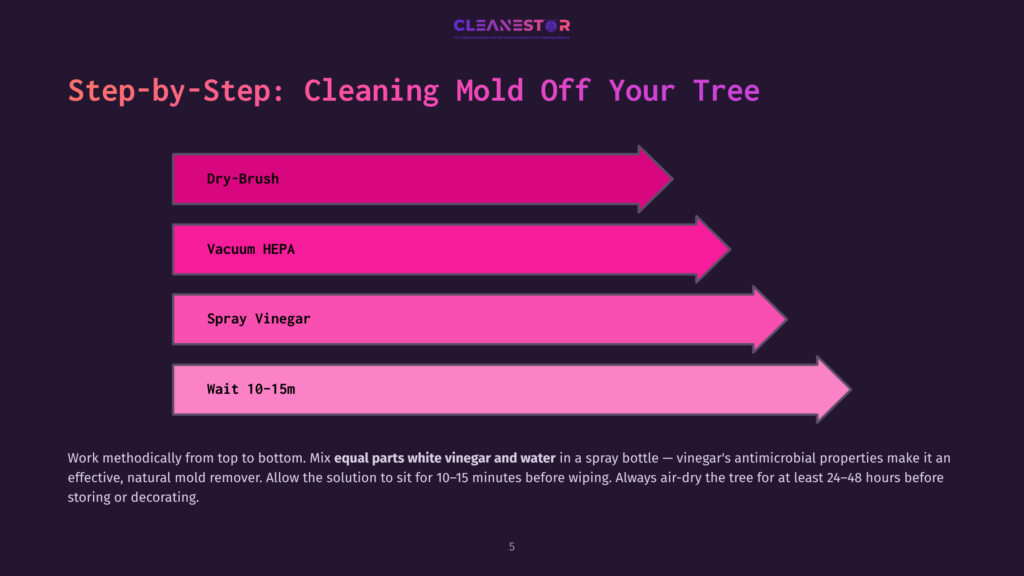 Step-By-Step Infographic Showing How To Clean Mold Off A Tree: Dry-Brush, Vacuum Hepa, Spray Vinegar, Wait 10-15 Min. Text At Bottom Details Mixing Vinegar And Water.