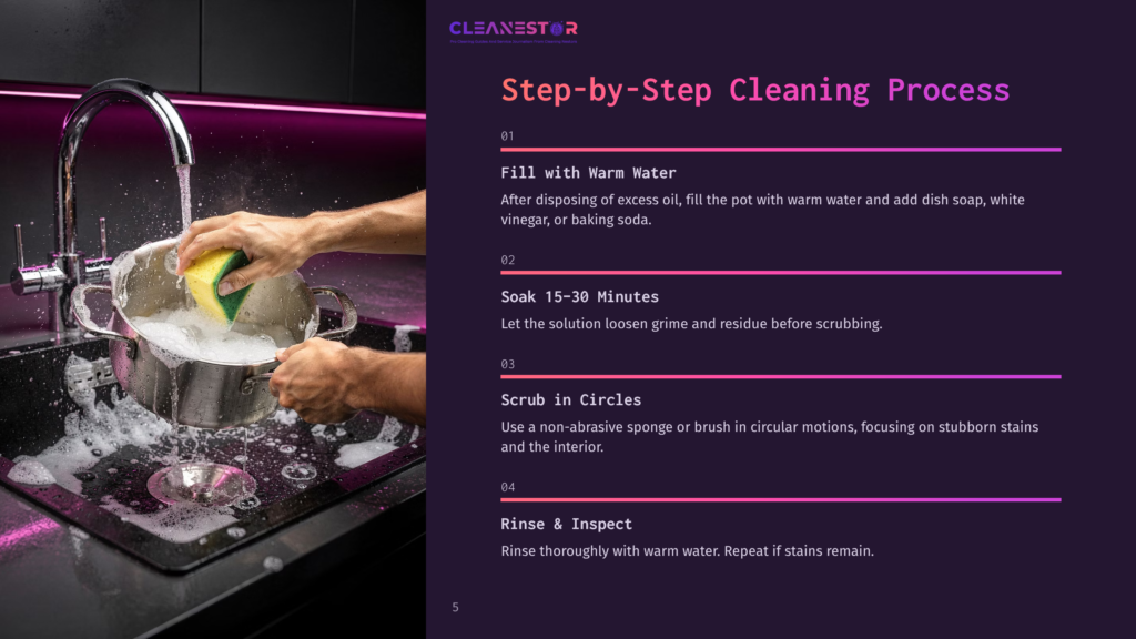 A Person'S Hands Scrub A Stainless Steel Pot With A Yellow Sponge In A Dark Sink With Running Water And Soap Suds. The Image Is Part Of A Step-By-Step Cleaning Process Guide From Cleanestor.