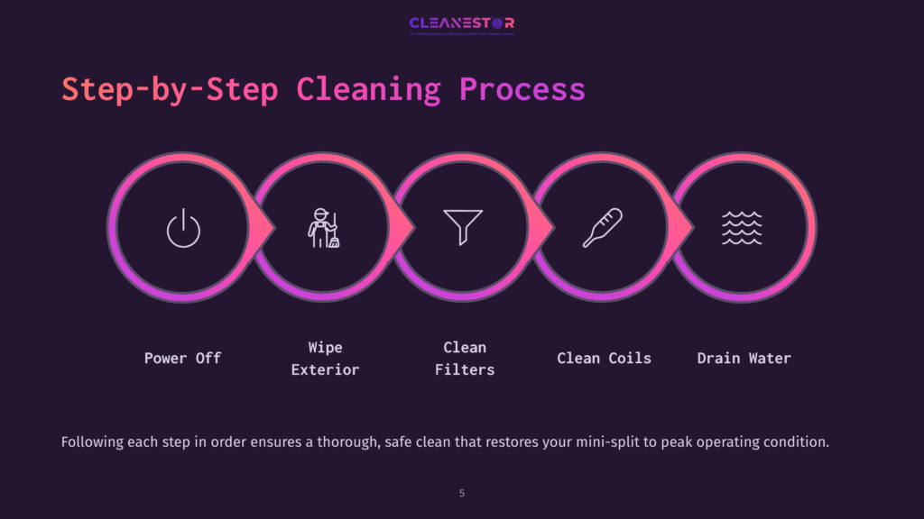 Five Connected Icons Illustrate A Step-By-Step Cleaning Process For Ductless Mini-Splits, Featuring Icons For Power, Wiping, Filtering, Coil Cleaning, And Draining.