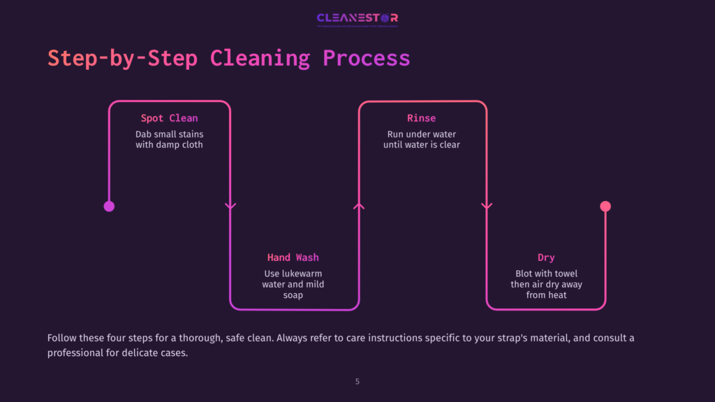 Flowchart Illustrating A Four-Step Cleaning Process: Spot Clean, Rinse, Hand Wash, And Dry, With Instructions For Each Step And A Logo For Cleanestor.