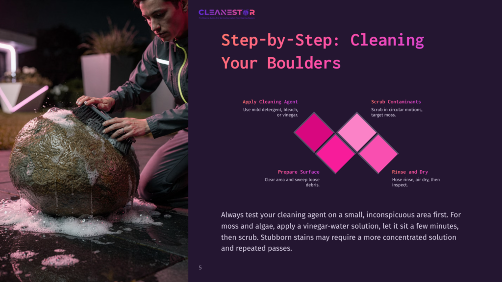 A Person Scrubbing A Large Boulder With A Brush, Surrounded By Outdoor Elements. The Background Features Pink And Purple Geometric Shapes.