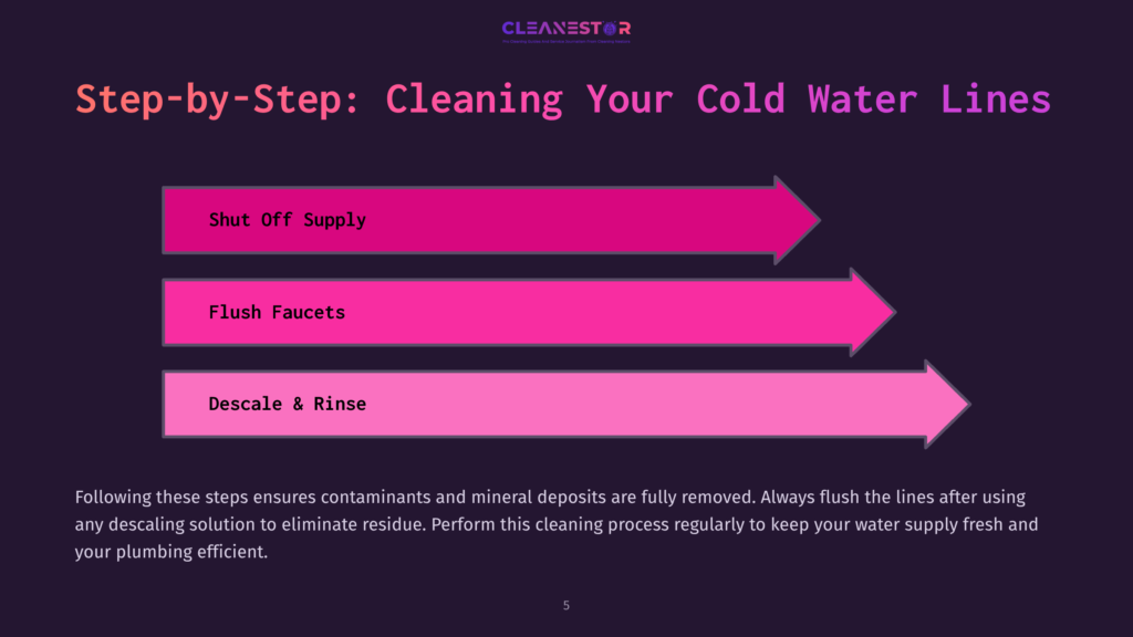 Step-By-Step Guide For Cleaning Cold Water Lines: Shut Off Supply, Flush Faucets, Descale &Amp; Rinse. Infographic With Pink Arrows And Text On A Dark Background.