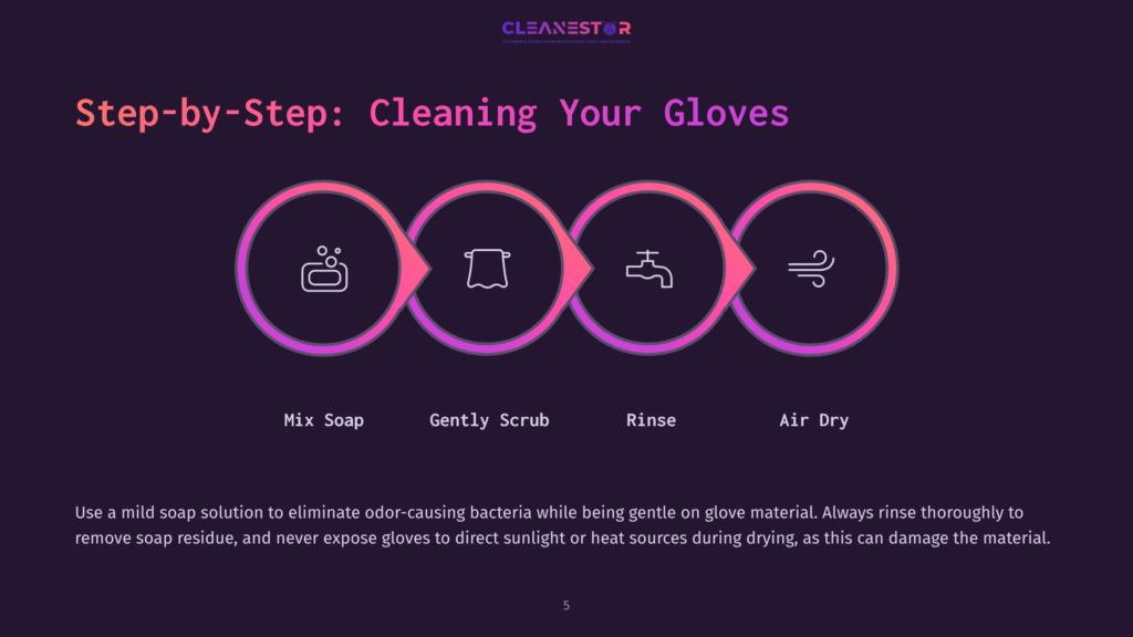 Step-By-Step Guide To Cleaning Gloves: Mix Soap, Gently Scrub, Rinse, And Air Dry. This Infographic Illustrates The Process With Icons.