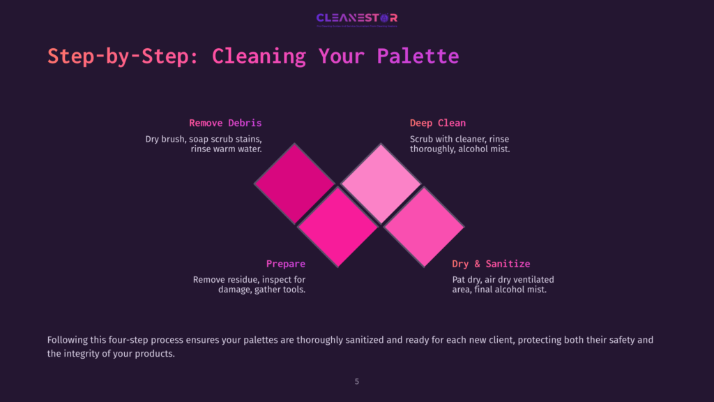 Four Pink Diamonds Arranged In A Diamond Pattern, Each Containing Steps: &Quot;Remove Debris,&Quot; &Quot;Prepare,&Quot; &Quot;Deep Clean,&Quot; And &Quot;Dry &Amp; Sanitize.&Quot;
