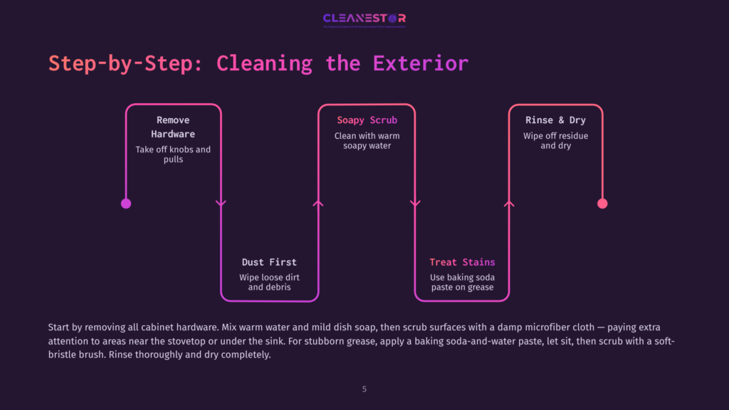 5 Step By Step Cleaning The Exterior 1 Step-By-Step Guide For Cleaning Exterior Cabinet Hardware: Remove Hardware, Dust First, Clean With Soapy Water, Treat Stains With Baking Soda Paste, And Rinse And Dry.