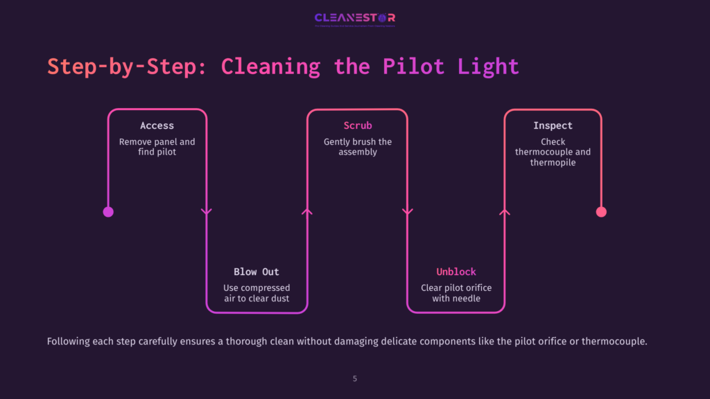 5 Step By Step Cleaning The Pilot Light Step-By-Step Guide To Cleaning A Pilot Light: Access, Scrub, And Inspect. Includes Instructions For Removing Panels, Brushing Assembly, And Checking Thermocouple And Thermopile.