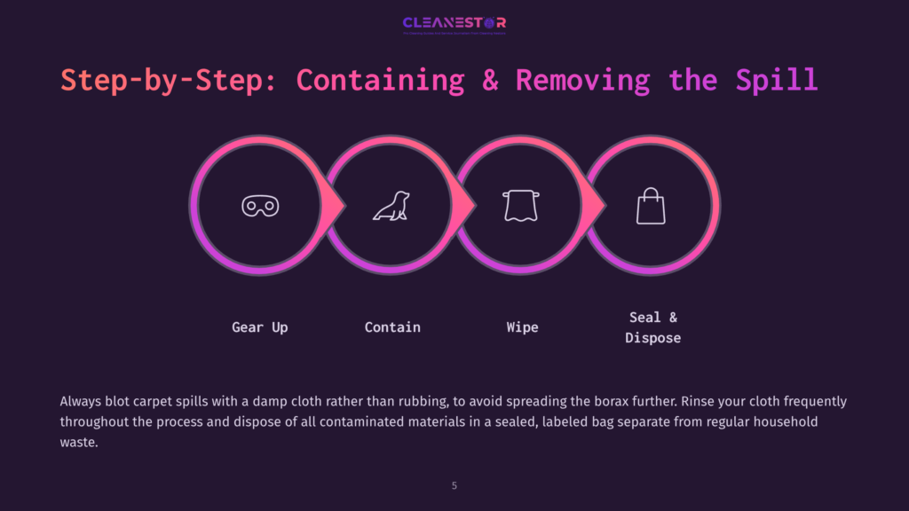 5 Step By Step Containing And Removing The Spill Step-By-Step Guide To Containing And Removing A Spill: Gear Up, Contain, Wipe, And Seal &Amp; Dispose. The Image Displays Four Circular Icons In A Row, Each Representing A Stage Of The Process.