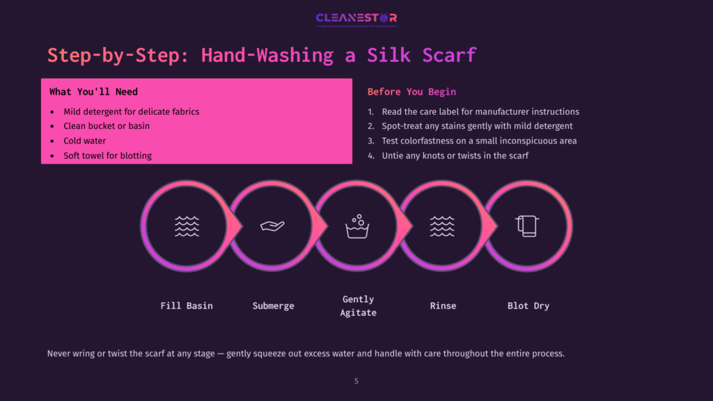 Graphic Illustrating Steps For Hand-Washing A Silk Scarf, Featuring Icons For Each Step: Fill, Submerge, Agitate, Rinse, And Blot Dry.