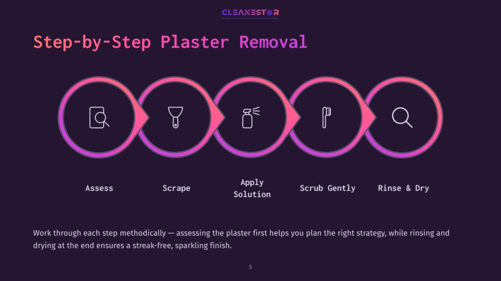 Five Circular Icons In A Flowing Layout Depict Steps For Plaster Removal: Assess, Scrape, Apply Solution, Scrub Gently, Rinse And Dry.
