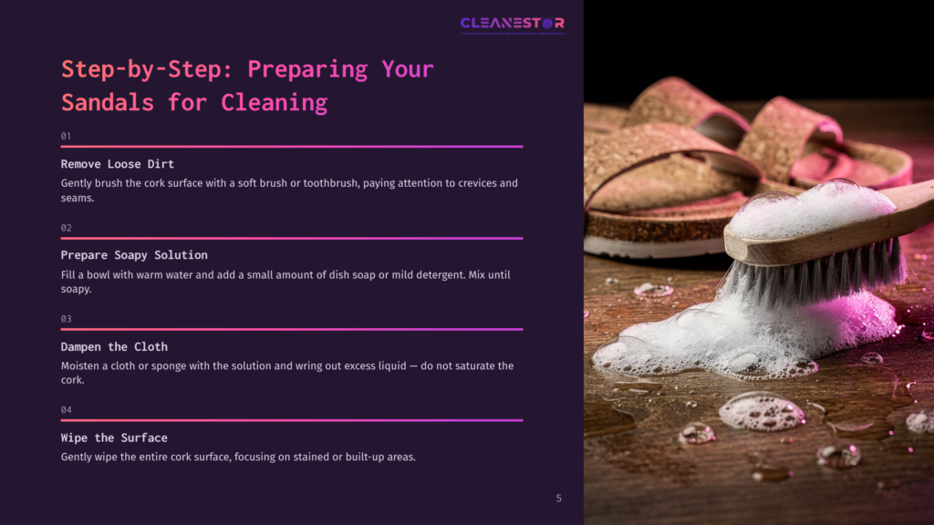 Cork Sandals Next To A Soapy Brush, With Water And Bubbles On A Dark Background, Illustrating Cleaning Steps.