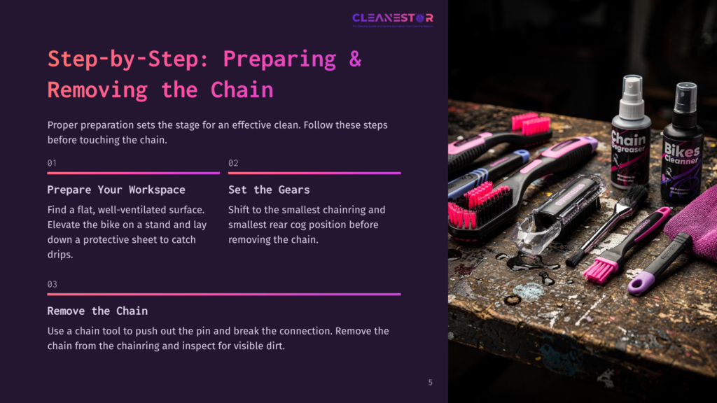 5 Step By Step Preparing And Removing The Chain Step-By-Step Guide To Preparing And Removing A Bike Chain, Featuring Cleaning Products And Brushes On A Workbench.