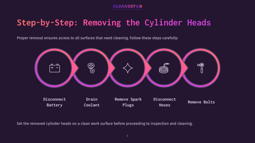 Illustration Featuring A Step-By-Step Process For Removing Cylinder Heads, Using Icons For Tasks Like Disconnecting Battery, Draining Coolant, And Removing Bolts, With A Dark Background And Bright Pink Accents.
