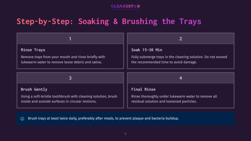 5 Step By Step Soaking And Brushing The Trays Step-By-Step Guide To Cleaning Retainers: Rinse Trays, Soak For 15-30 Minutes, Brush Gently, And Perform A Final Rinse. The Guide Emphasizes Brushing Trays Twice Daily.
